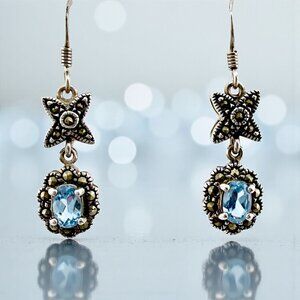 Vintage Sterling Silver Blue Topaz Marcasite Drop Earrings